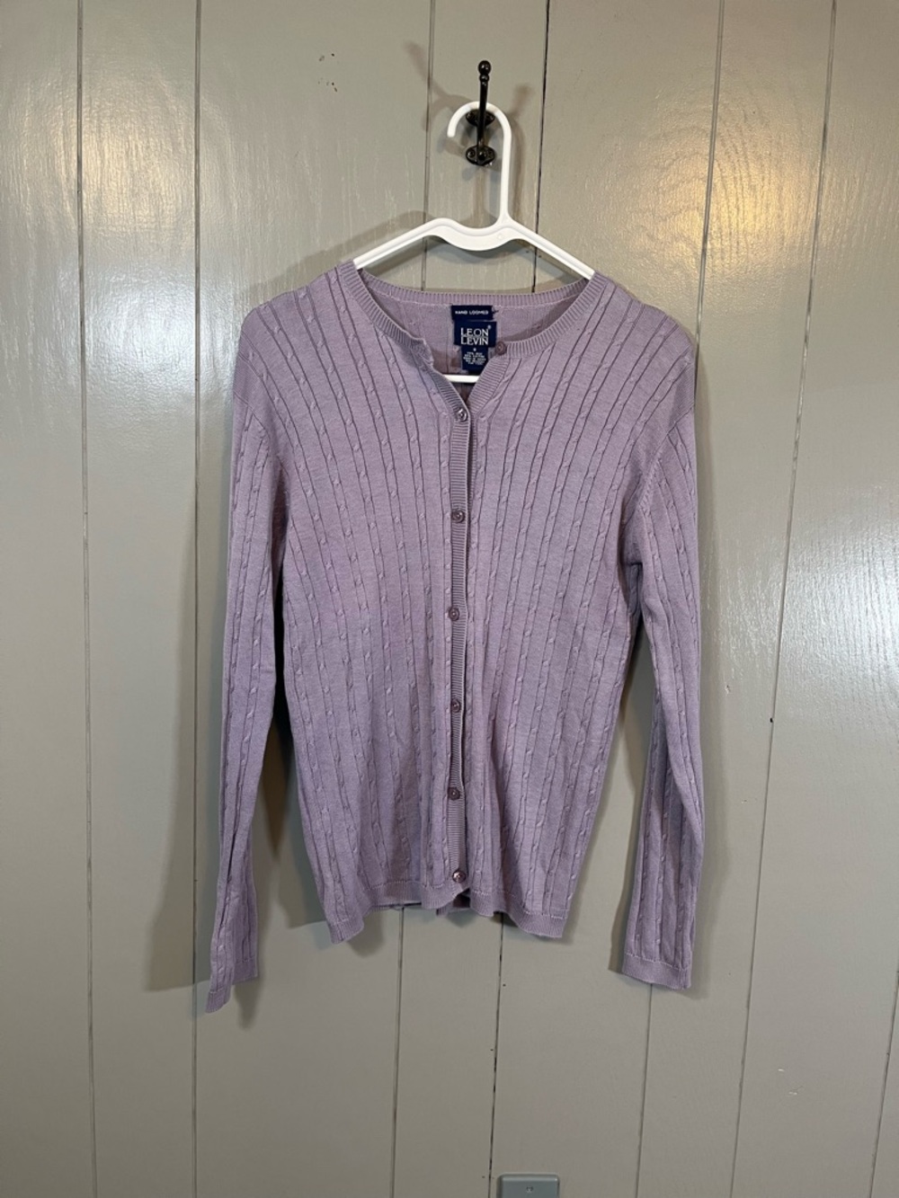 Leon Levin Women Lavender Silk Cotton Cable-Knit Cardigan Sweater S Hand Loomed